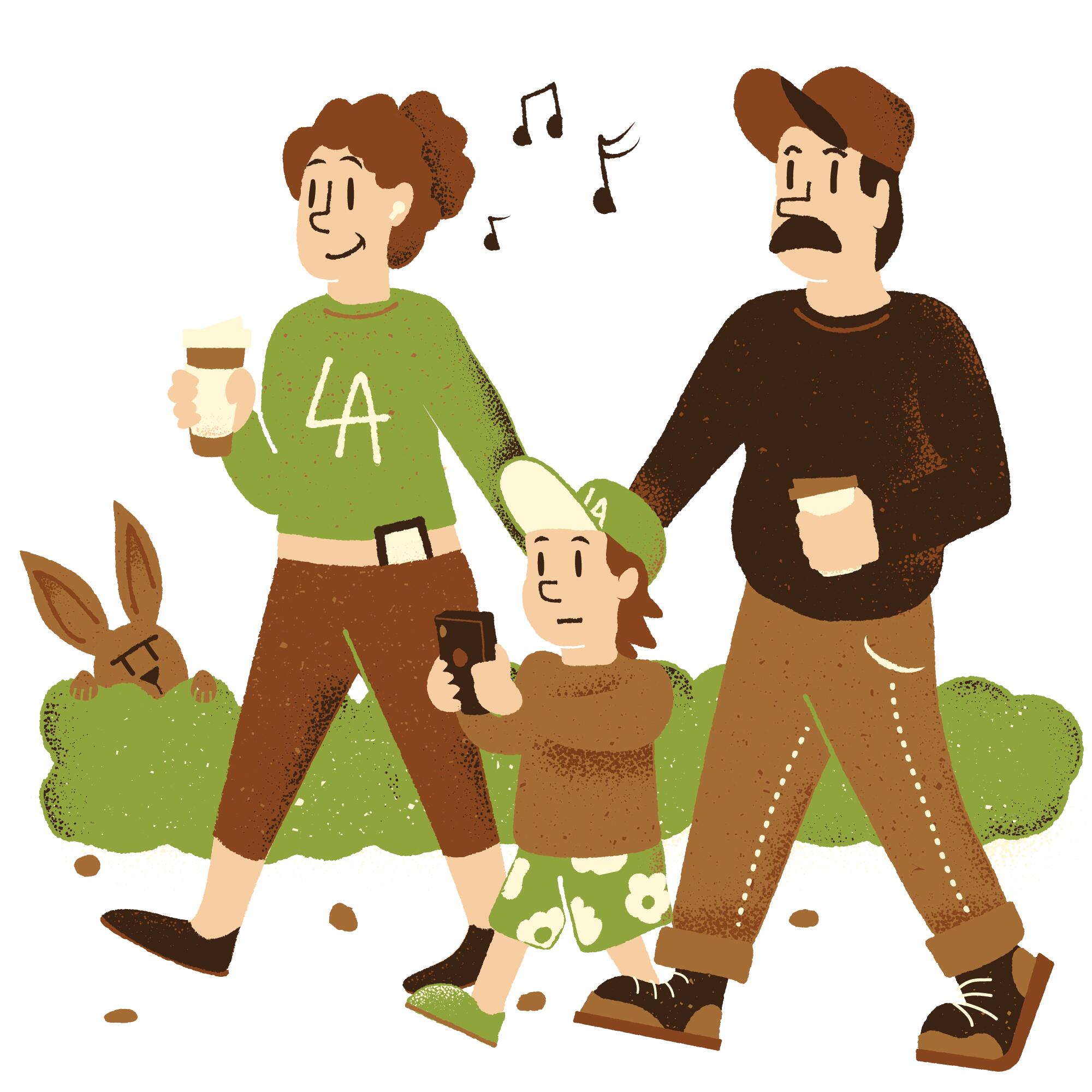 Illustration of a family hiking. Mom and dad holding coffee cups and child looking at a phone