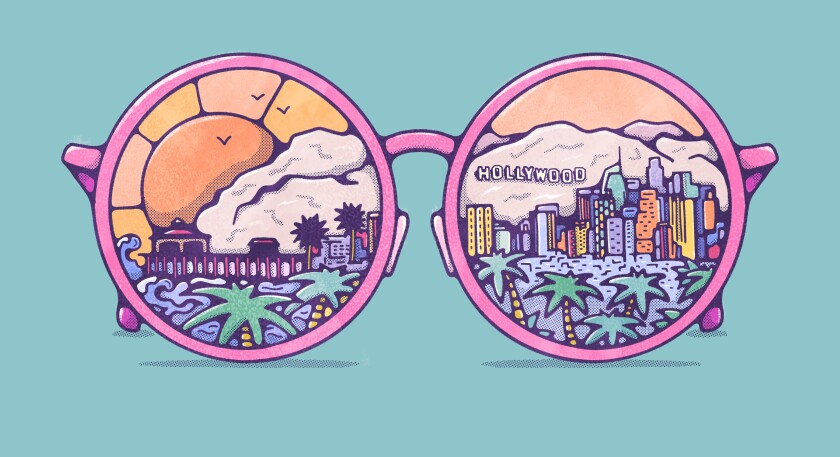 Illustration of the ocean, palm trees, downtown Los Angeles, the Hollywood sign and more reflected in a pair of glasses