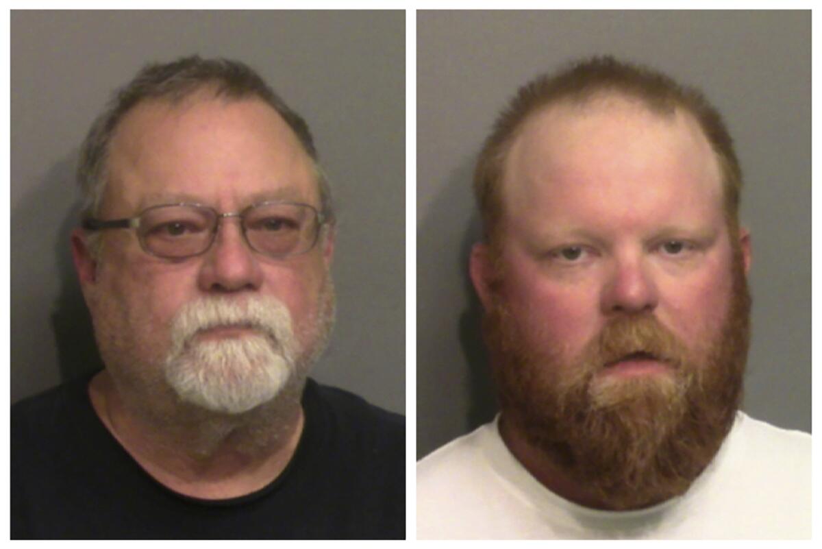 Greg McMichael, left, and his son Travis McMichael have been charged in the killing of Ahmaud Arbery in Georgia.