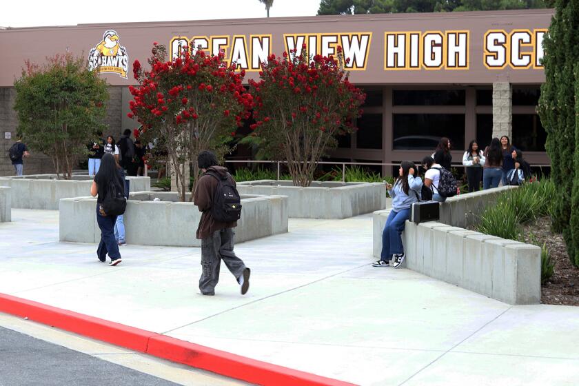 Ocean View High School students enter the campus on the first day of school at Ocean View High School in Huntington Beach on Wednesday, August 28, 2024. (Photo by James Carbone)