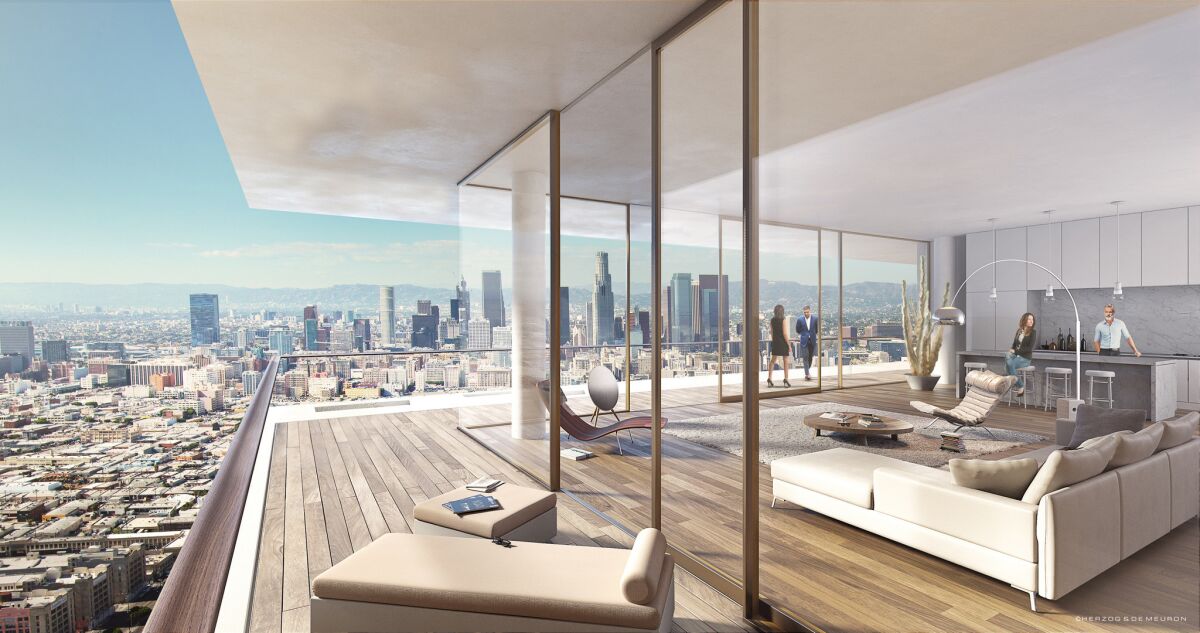 Rendering of the 6AM project with view pointed toward the downtown L.A. skyline. (Herzog & de Mueron)