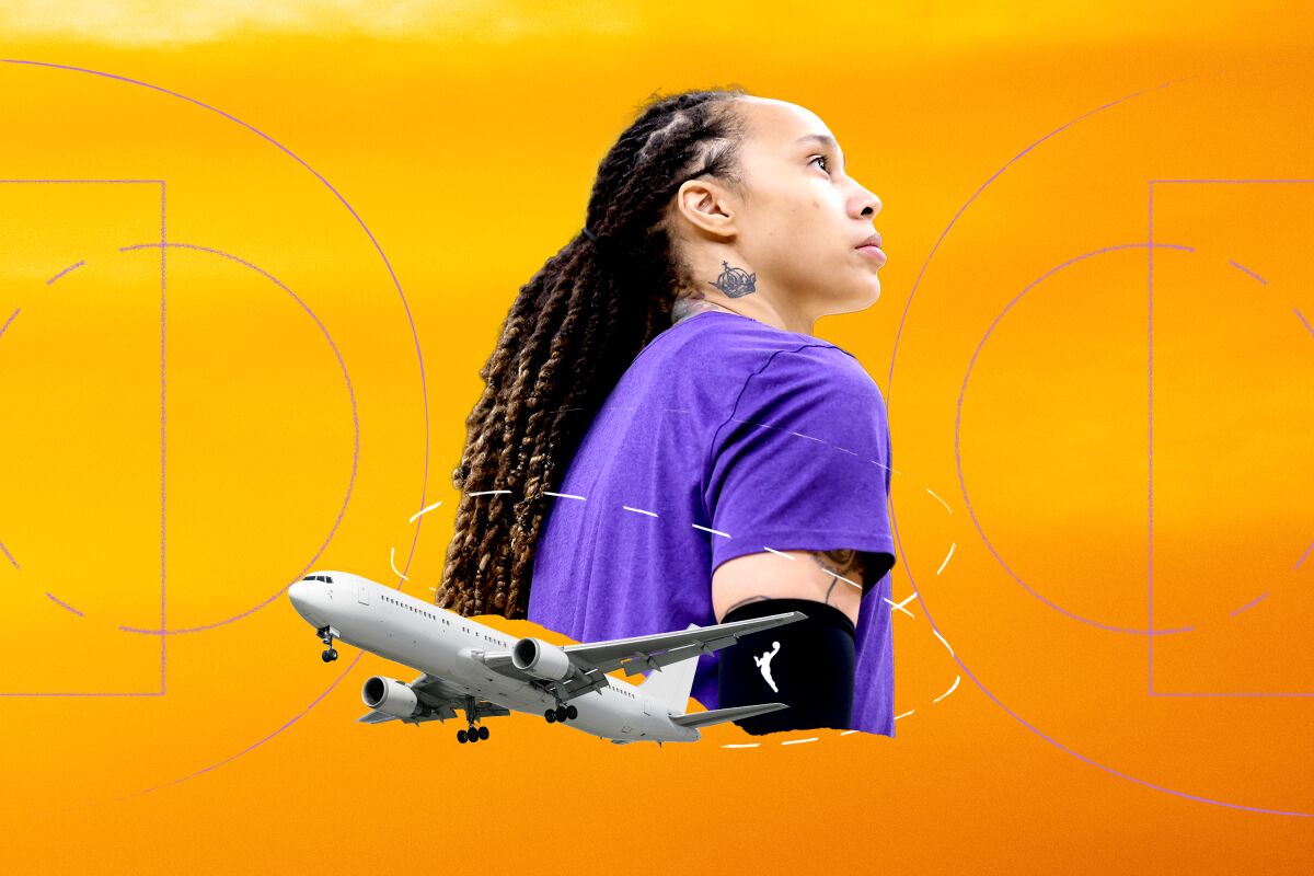 Illustration of Brittney Griner with a commercial plane circling her.