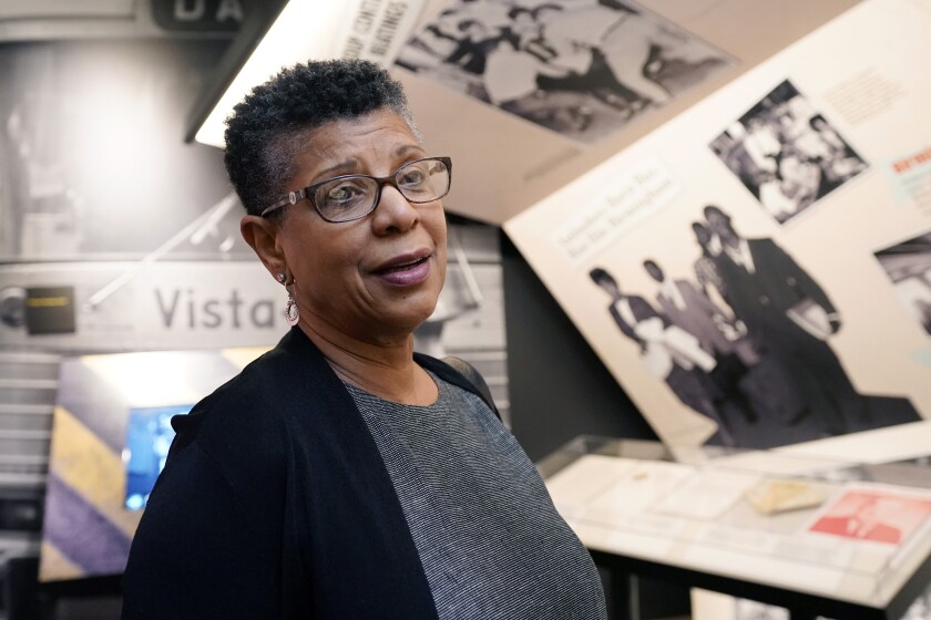Denise Morse recalls a story about her father, the late C.T. Vivian, on Wednesday, May 26, 2021, at the Mississippi Civil Rights Museum in Jackson, Miss. Vivian was among the activists arrested in Jackson in May 1961 after they challenged segregation as Freedom Riders. Vivian was awarded the Presidential Medal of Freedom in 2013, and he died in July 2020 in Atlanta. Jackson's current mayor declared Wednesday as C.T. Vivian Day in Mississippi's capital city. (AP Photo/Rogelio V. Solis)