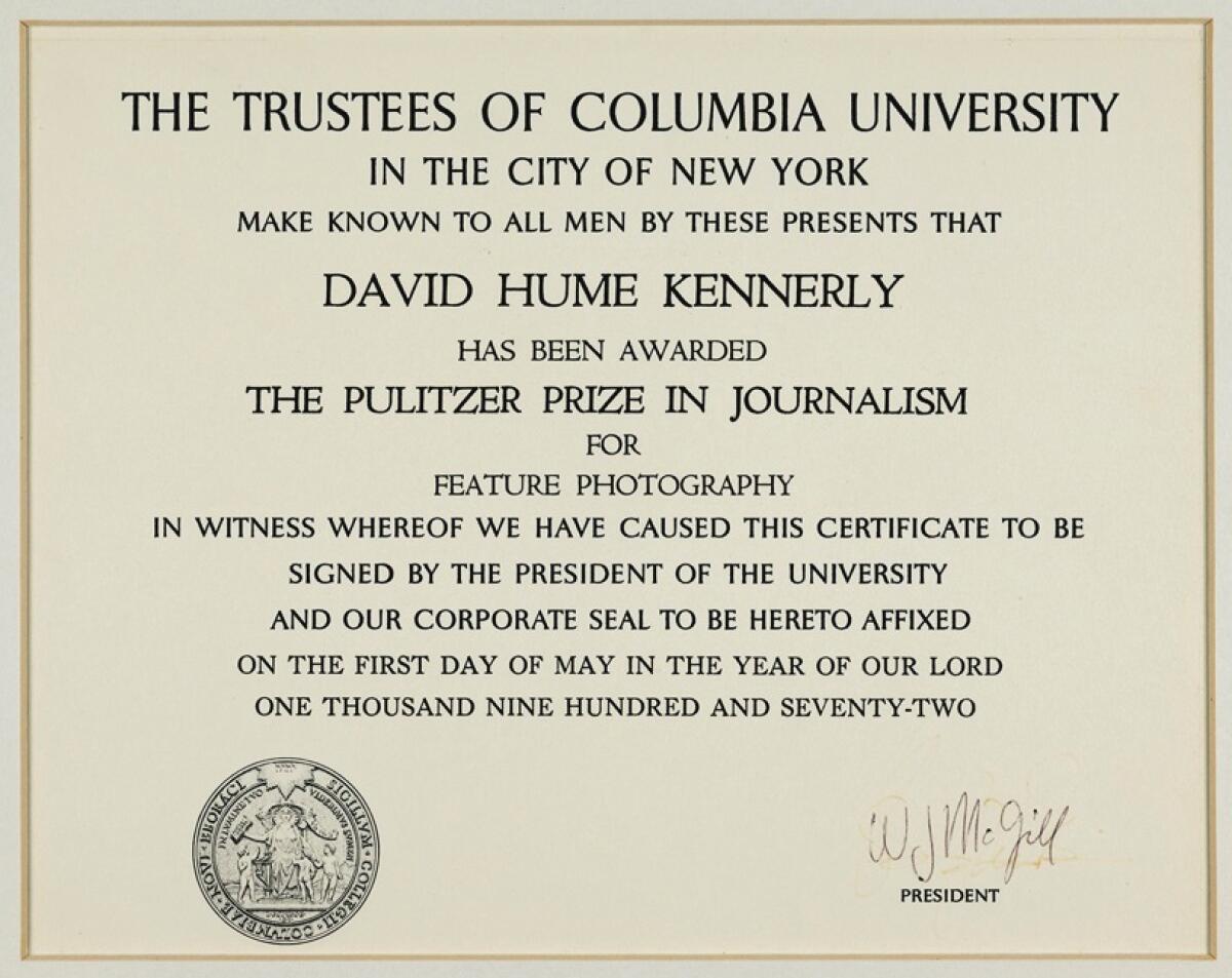 The Pulitzer Prize certificate for David Hume Kennerly  for Feature Photography.