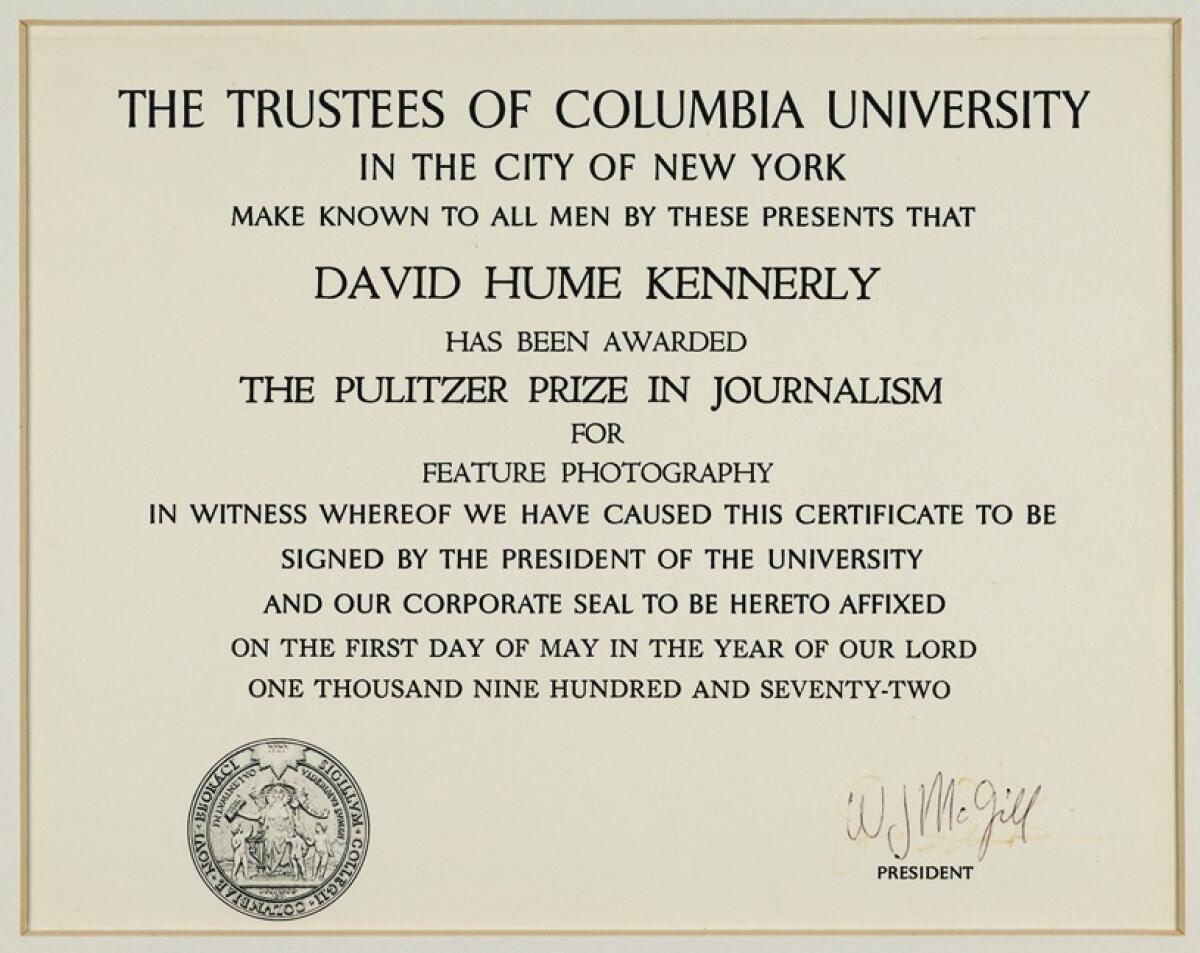 The Pulitzer Prize certificate for David Hume Kennerly for Feature Photography.