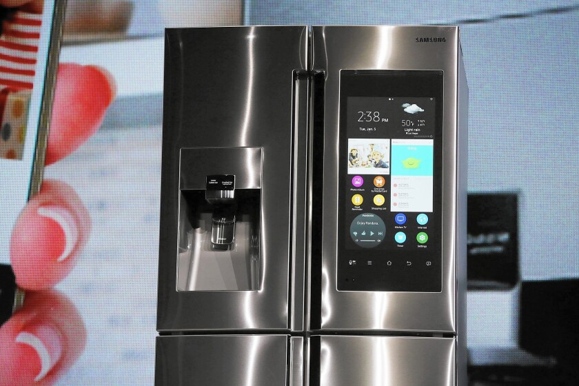 The Samsung Family Hub refrigerator features an LCD screen, internal cameras to check what is left inside and online grocery shopping through major credit cards.