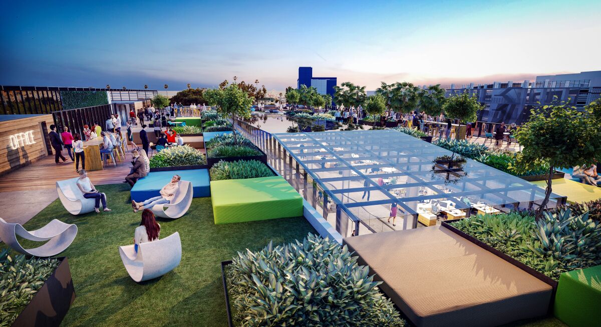Rendering shows people lounging and gathering on a hip rooftop area