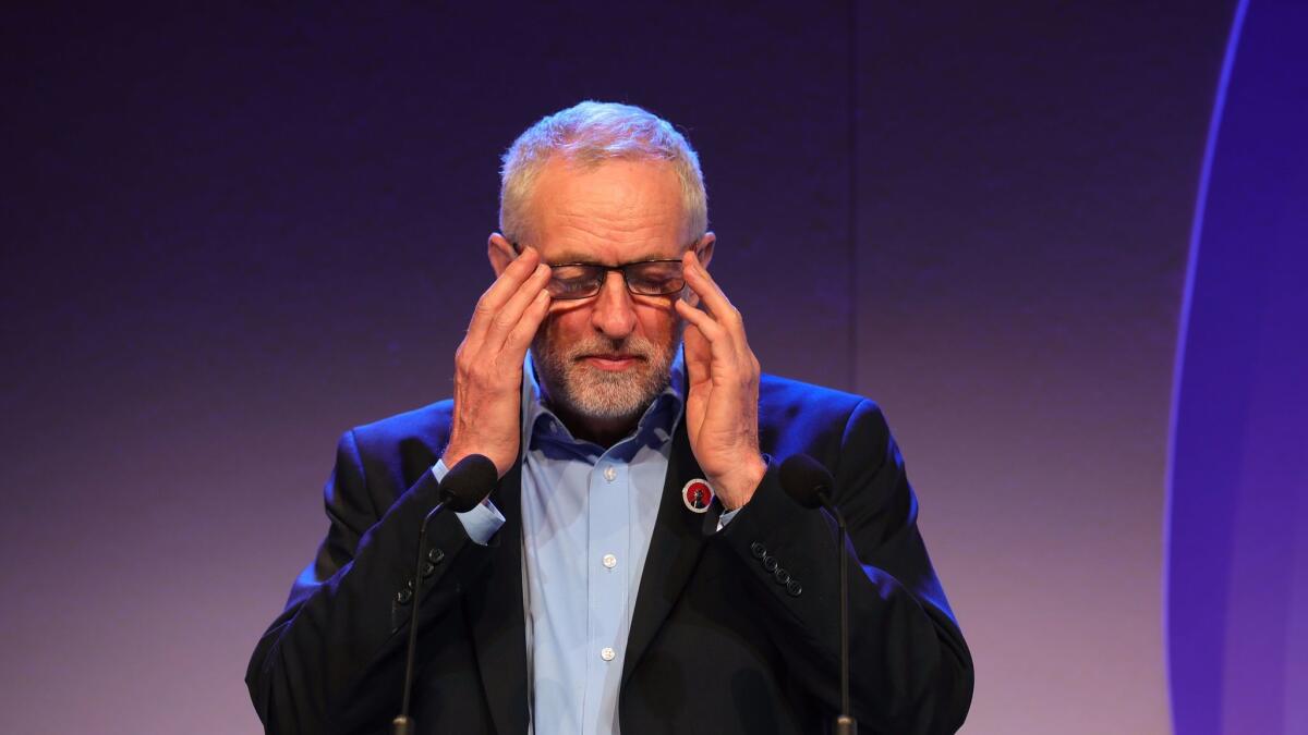 Jeremy Corbyn addresses a conference in Telford, England, on April 30, 2017.