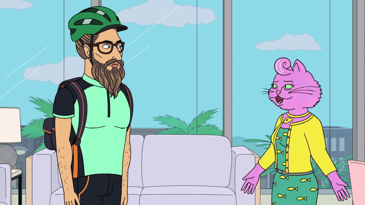 Talent agent Princess Carolyn (right), voiced by Amy Sedaris, meets with her former assistant, Judah, voiced by Diedrich Bader, in the new season of "BoJack Horseman."