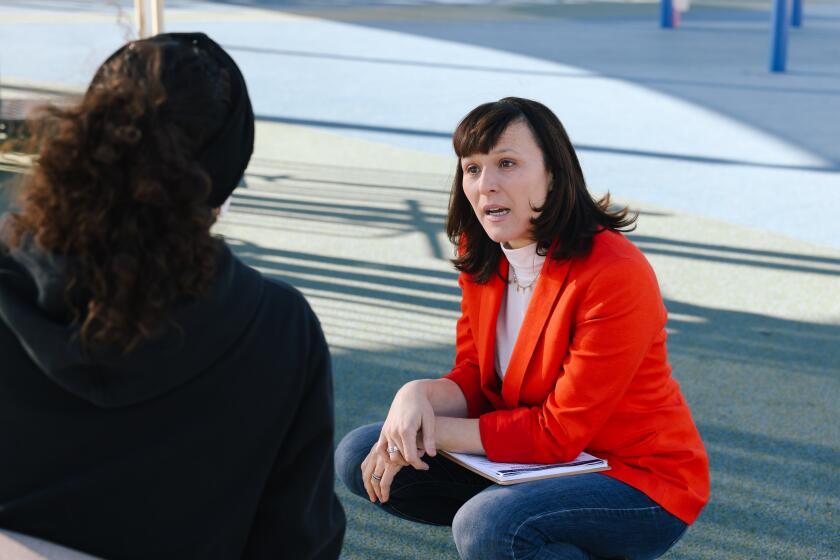 Lancaster, CA - January 07: Serena Oberstein, who is running for the Los Angeles City Council seat in the western San Fernando Valley, speaks to community members at Holleigh Benson Park on Sunday, Jan. 7, 2024 in Porter Ranch, CA. (Dania Maxwell / Los Angeles Times)