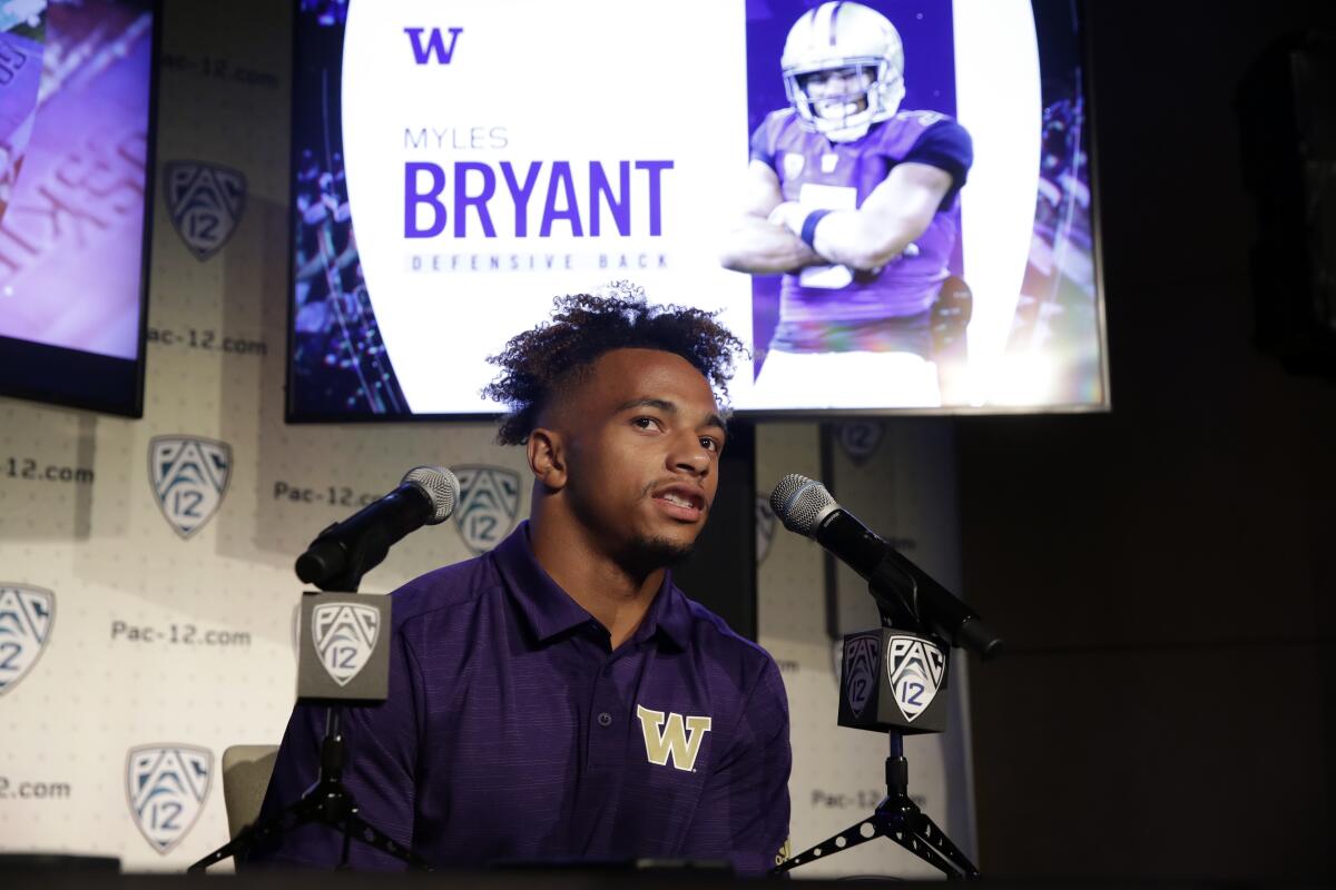 Washington defensive back Myles Bryant answers questions during Pac-12 media day on Wednesday.