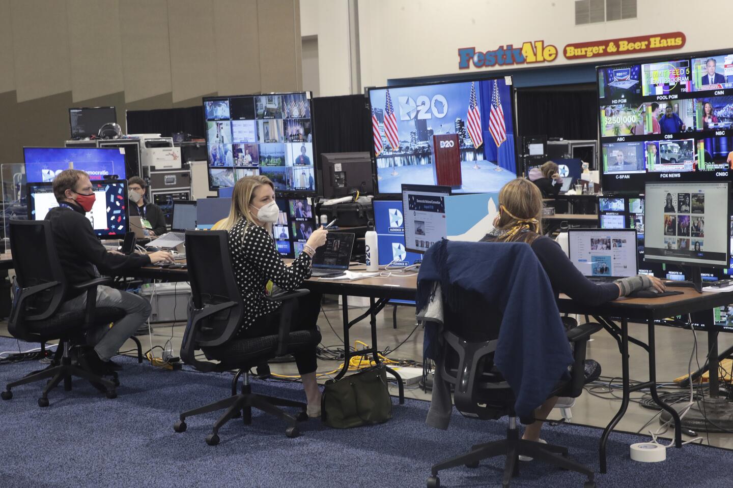 The control room where live feeds from the convention are managed.