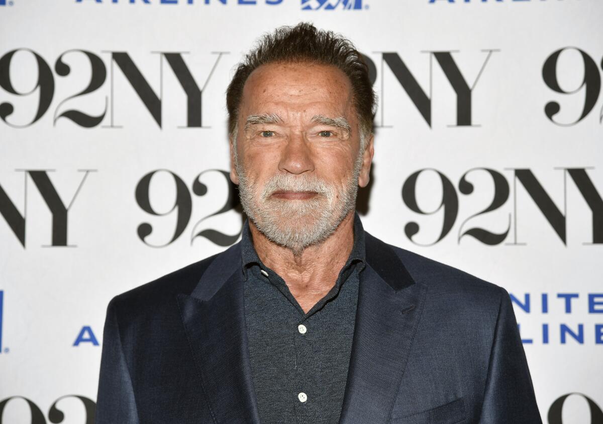 Arnold Schwarzenegger, with a gray beard and mustache, looks straight ahead in a shiny black blazer and gray button-up shirt 