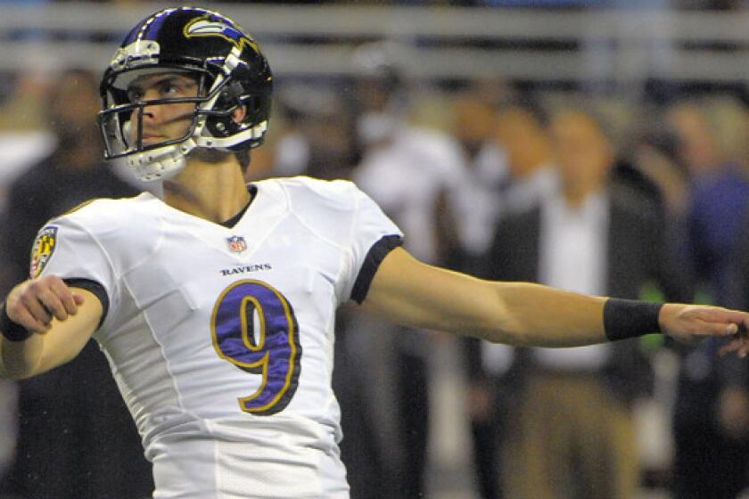 Baltimore kicker Justin Tucker watches a successful field-goal attempt during the second quarter of the Ravens' 18-16 win over the Detroit Lions on Monday night.