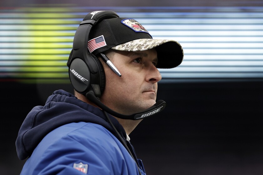 FILE - New York Giants head coach Joe Judge looks on against the Philadelphia Eagles during an NFL football game, Sunday, Nov. 28, 2021, in East Rutherford, N.J. The Giants fired Judge on Tuesday, Jan. 11, 2022, after he went 10-23 in two seasons. (AP Photo/Adam Hunger, File)