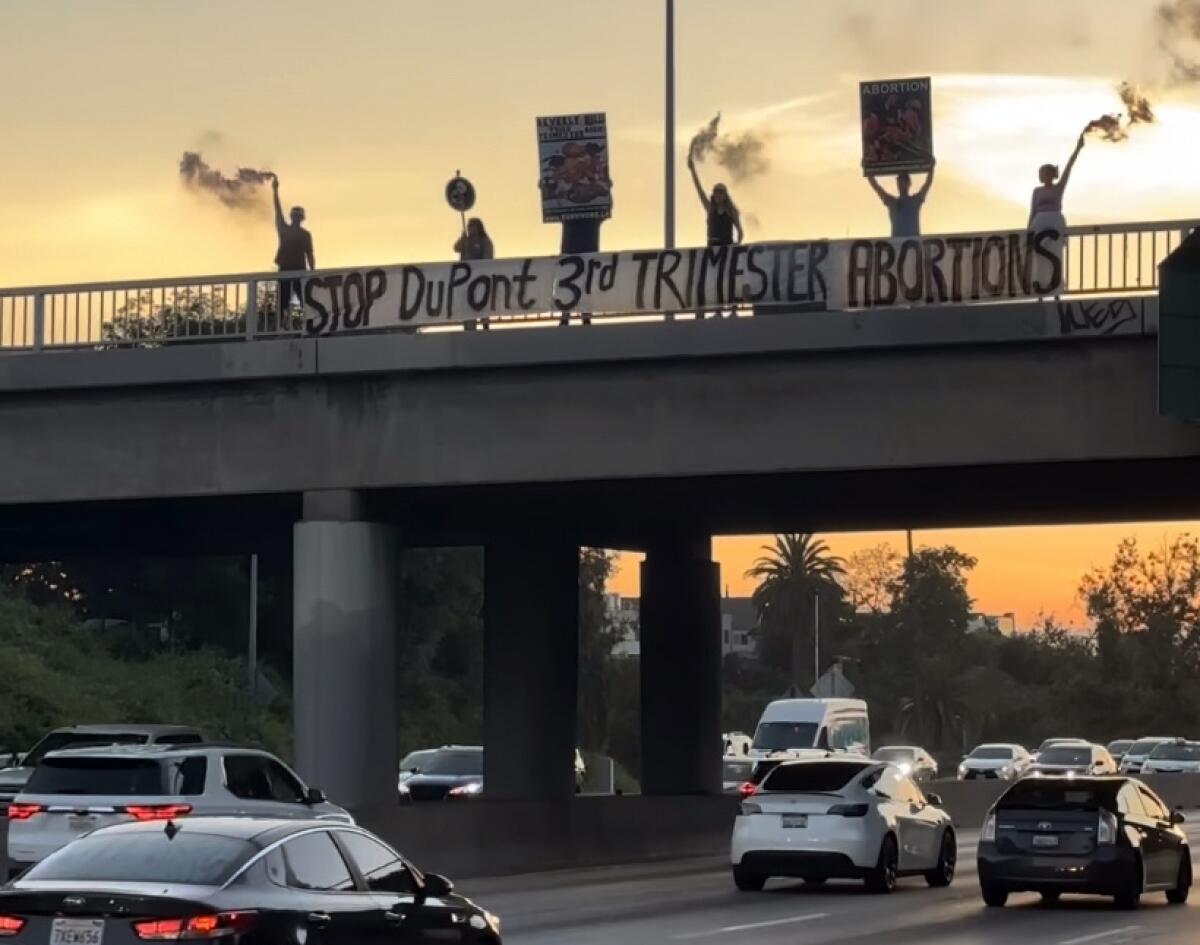 Antiabortion activists on top of a freeway in Los Angeles with a homemade banner.