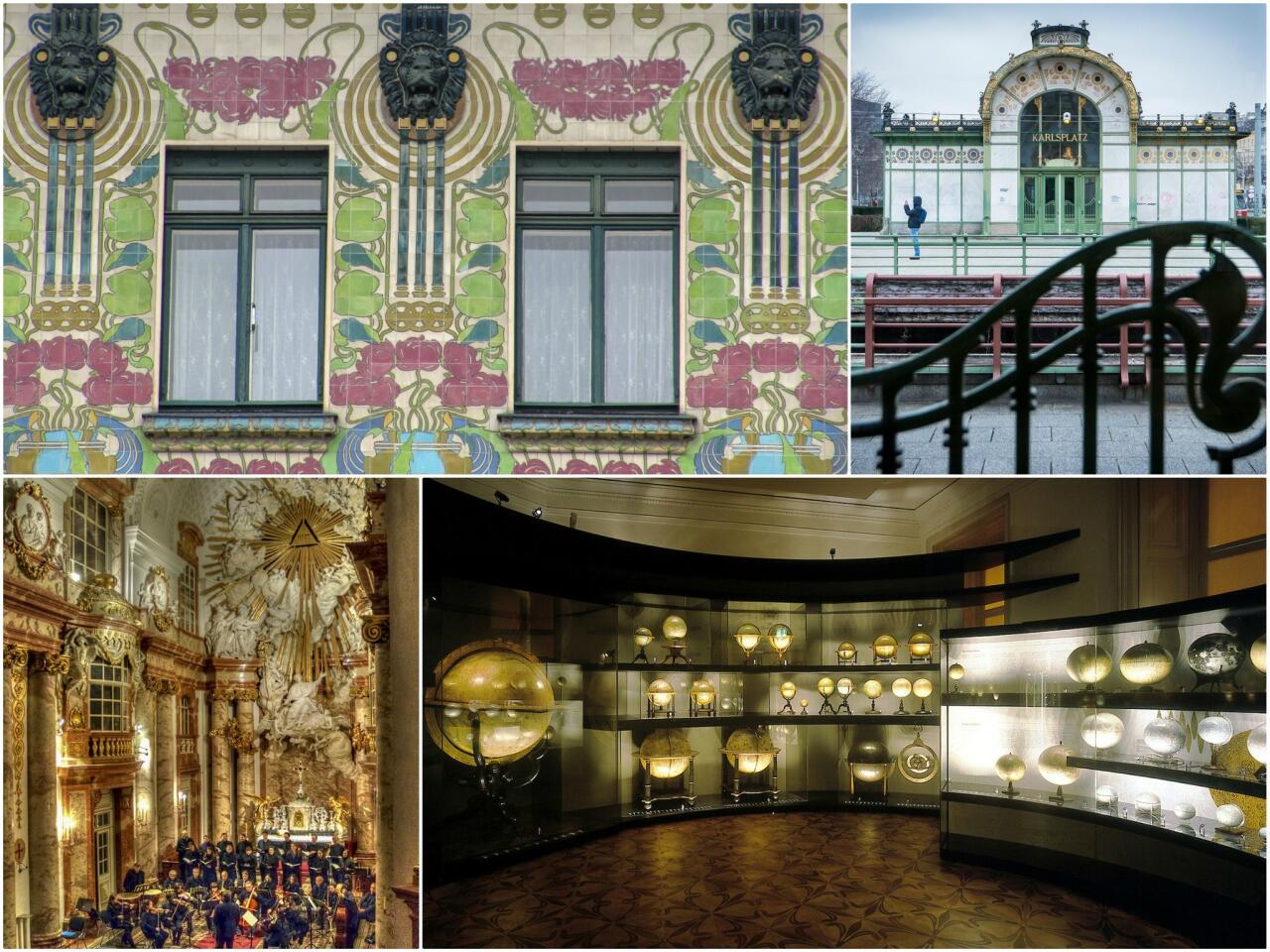 Clockwise from top left: The Majolica House; Karlsplatz Stadtbahn Station; The Globe Museum of the Austrian National Library; St. Charles Church.
