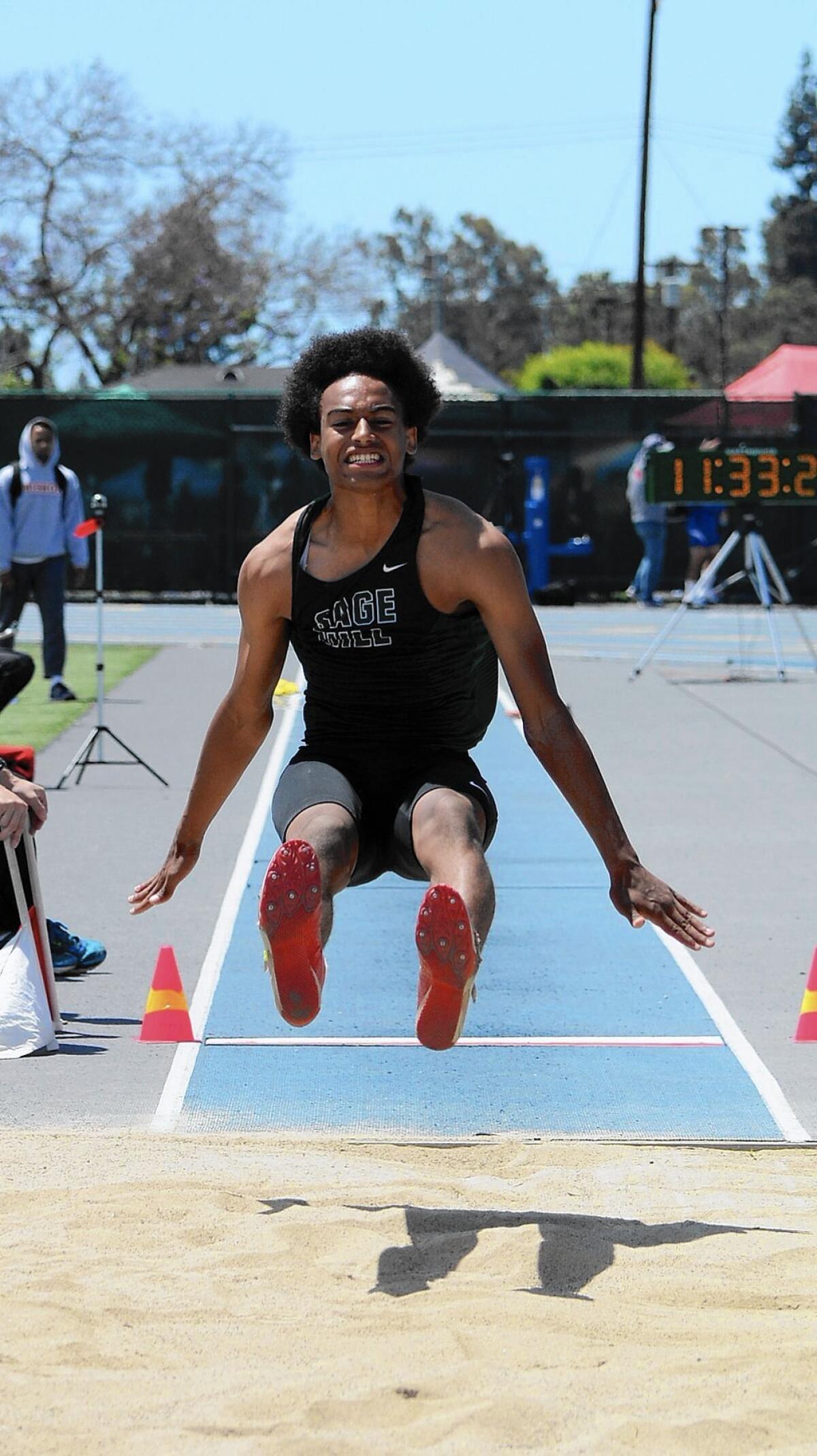 Sage Hill School's Chance Kuehnel placed fifth in the long jump. (Dave Siegmund/ Daily Pilot)