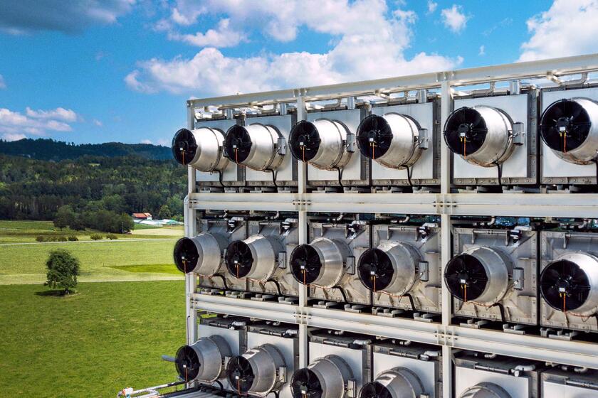 The CO2 is released and bound to water and thereafter pumped more than 700 metres underground. Underground, it reacts with the basaltic bedrock, forming solid minerals. A permanent, safe and irreversible storage solution is created. Thus reducing the carbon dioxide content in the atmosphere`. Pictured is the Climeworks direct air capture plant in Hinwil, Switzerland.