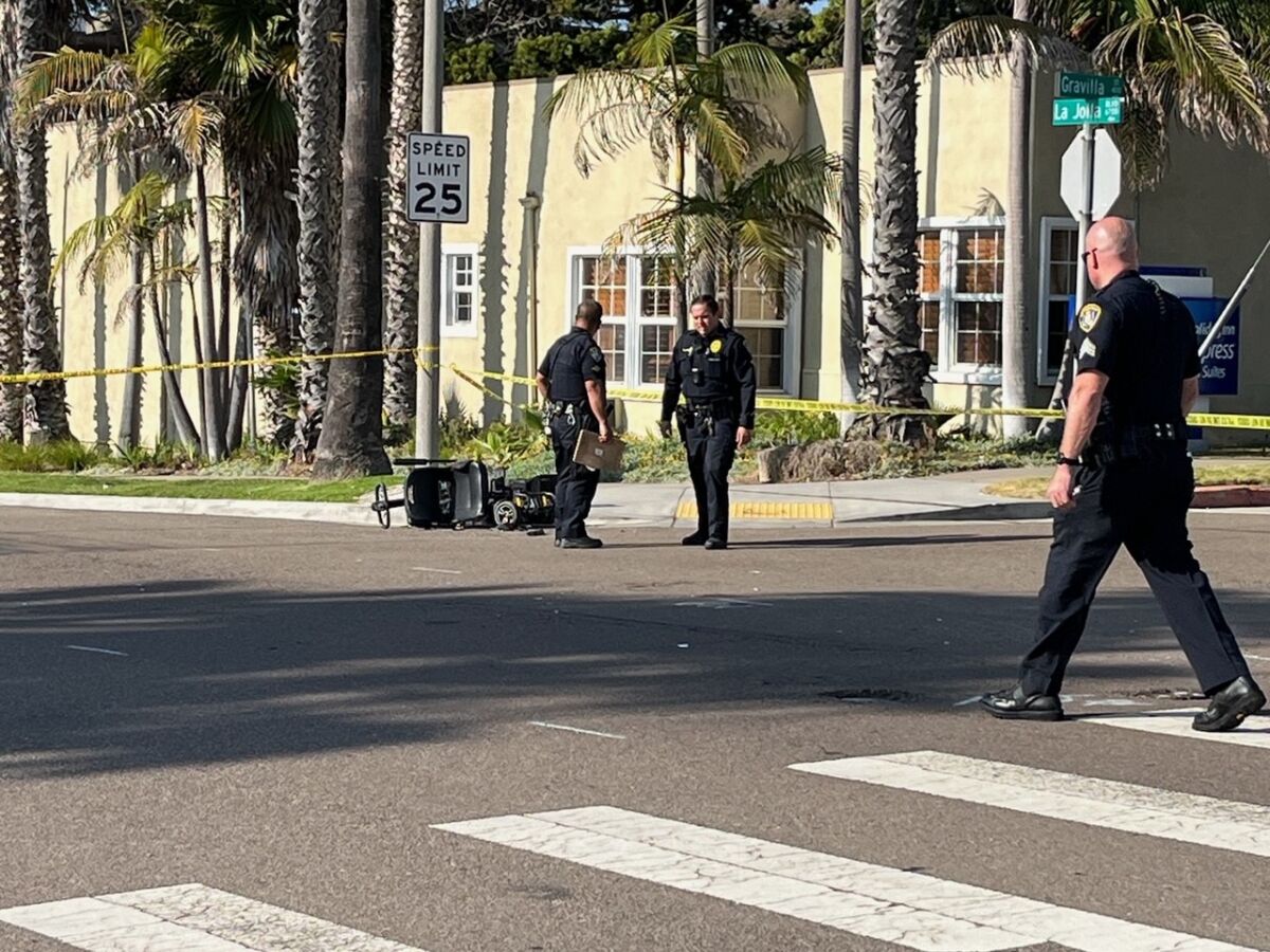 Police investigate a crash on La Jolla Boulevard that killed a 90-year-old man riding a seated motorized scooter.