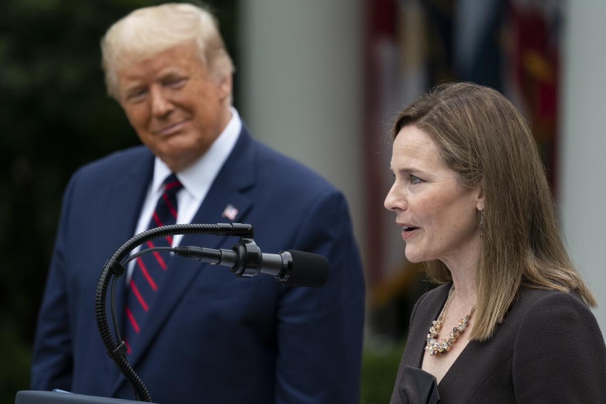 Judge Amy Coney Barrett speaks after President Trump announced her as his Supreme Court on Sept. 26.