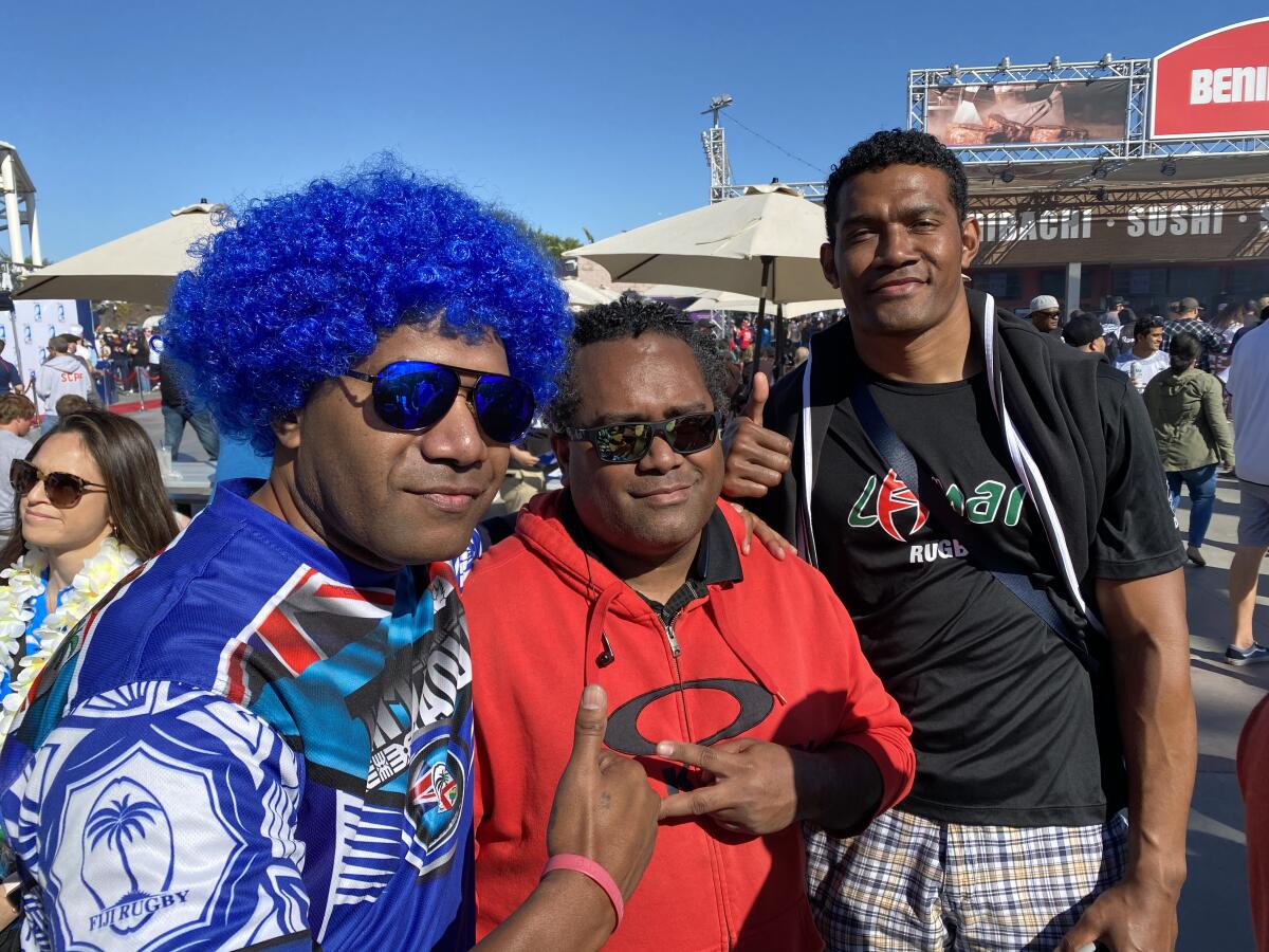 Joe Tavai, Keli Toroca and Eminoni Mafi, left to right, came out to the HSBC World Rugby Sevens Series to root for Fiji.