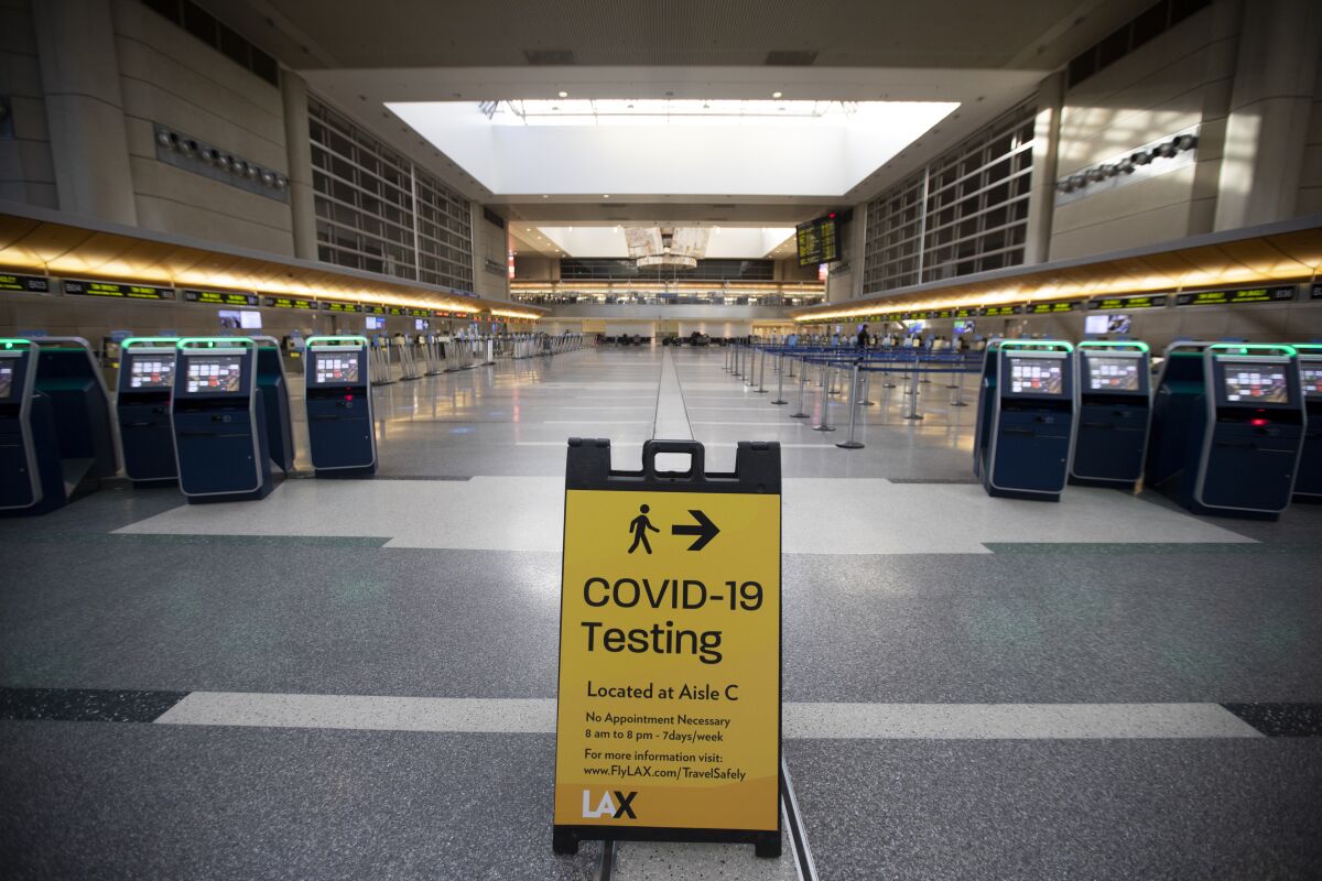 A sign for coronavirus testing at Los Angeles International Airport.