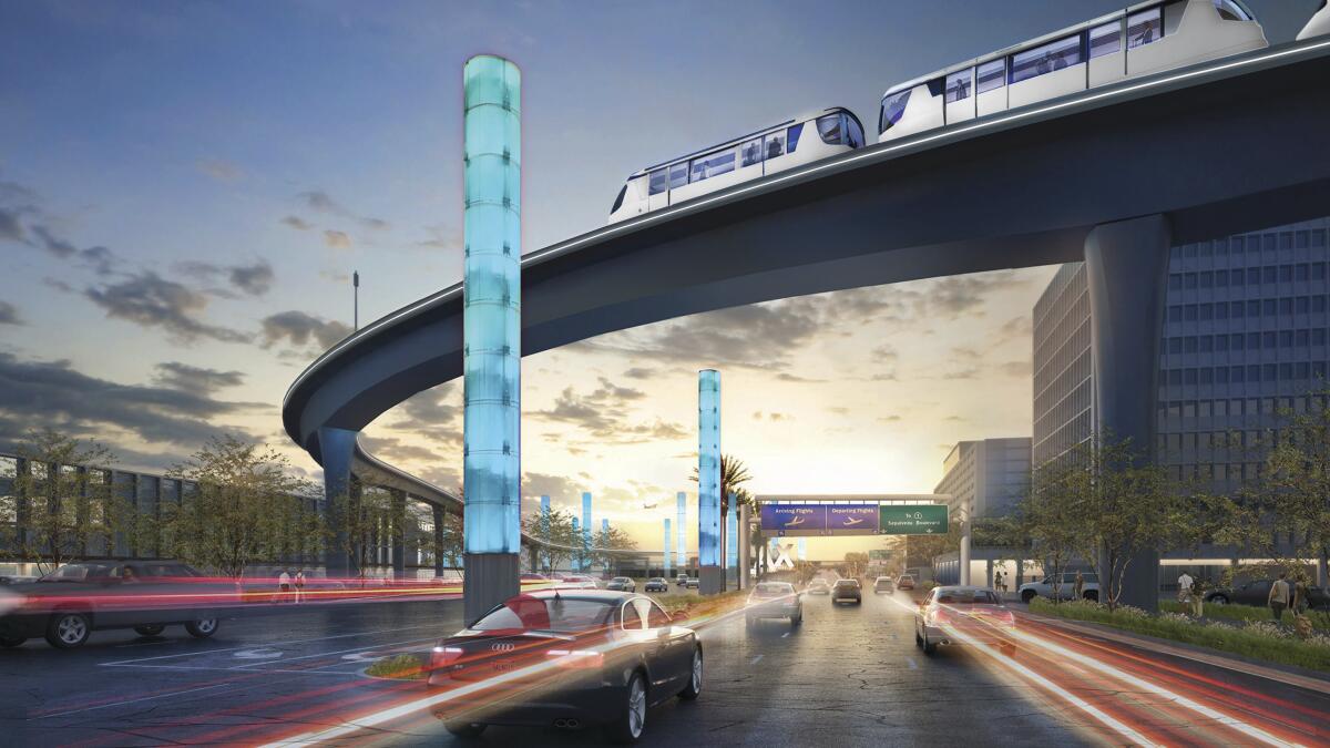 A rendering of the LAX Automated People Mover, a driverless train that is under construction.