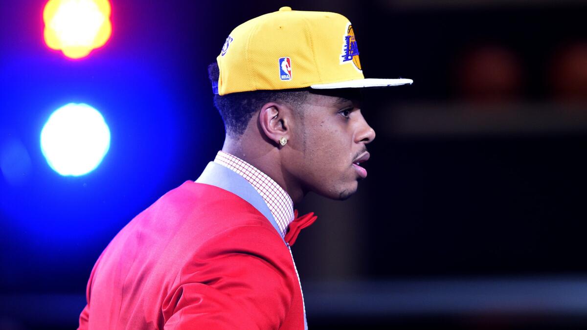 D'Angelo Russell walks to the stage after the Lakers selected him as the second pick in the first round of the NBA draft on Thursday at the Barclays Center.