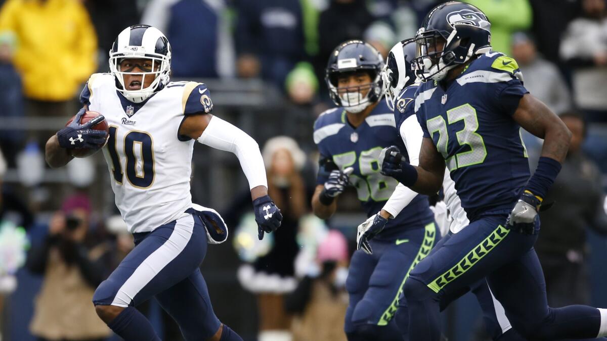 Pharoh Cooper makes a 53-yard return to the half-yard line against the Seattle Seahawks during the first quarter, leading to the Rams' first touchdown.