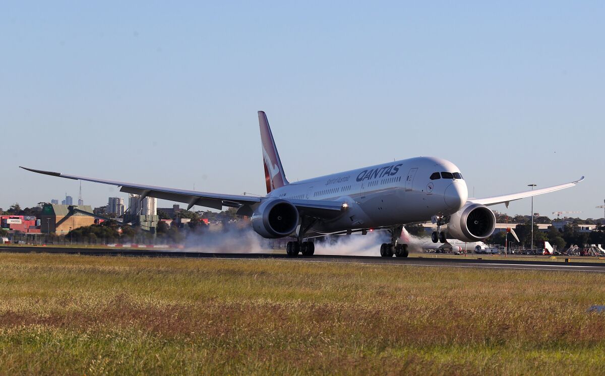 This Qantas Boeing 787 passenger plane landed at Sydney International Airport after finishing a record-breaking flight of 19 hours and 15 minutes from New York to Sydney on Oct. 20.