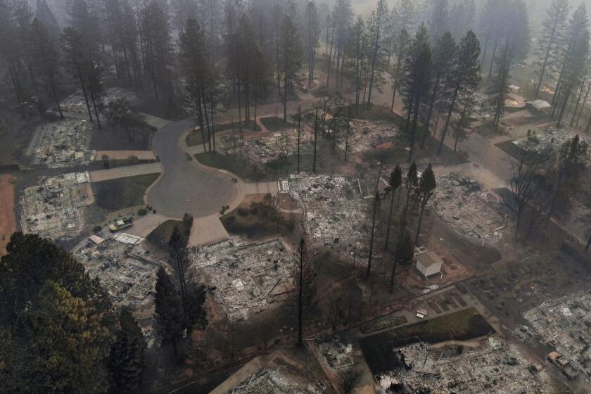 PARADISE, CALIFORNIA--NOV. 15, 2018--An ariel view of Paradise off of Clark Road on Nov. 15, 2018. The Camp Fire has burned more than 7,000 structures in Paradise. (Carolyn Cole/Los Angeles Times)