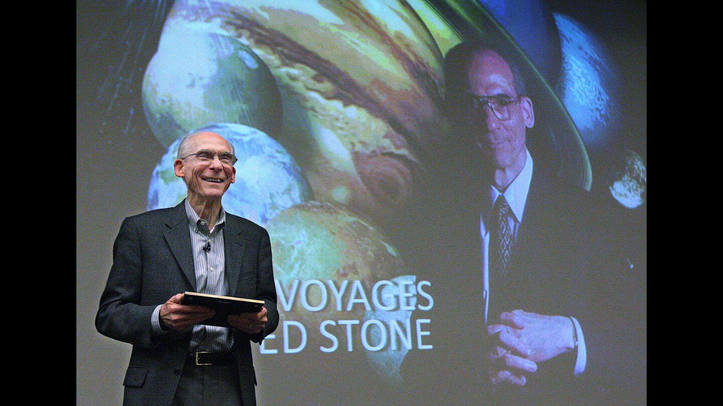 Former Jet Propulsion Laboratory Director Ed Stone, the only person to serve as project scientist for the Voyager mission, smiles during a question-and-answer session. JPL celebrated Stone's birthday in the Pickering Auditorium on Monday, Jan. 25, 2016.