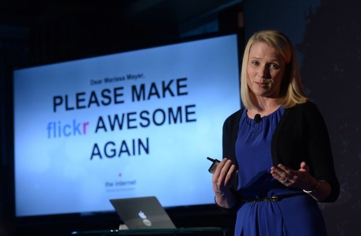 Yahoo Chief Executive Marissa Mayer at an announcement that the company's photo and video storage website, Flickr, would receive a new design and allow 1 terabyte of free storage.
