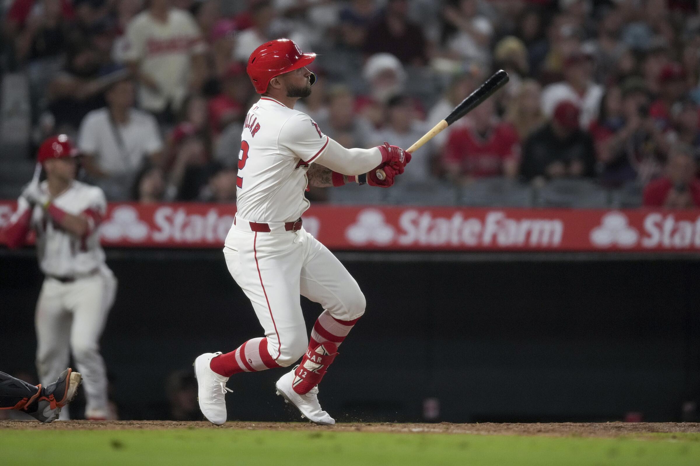 Kevin Pillar hits a walk-off single in the Angels' 6-5 comeback win over the Detroit Tigers at Angel Stadium.