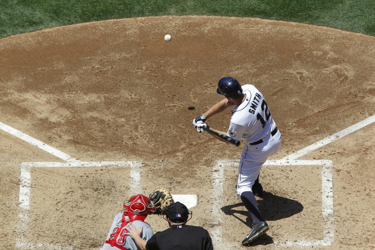 The Padres' Seth Smith hits a RBI double, but the run was taken back after it was determined that Irving Falu didn't touch third base in the fourth inning.