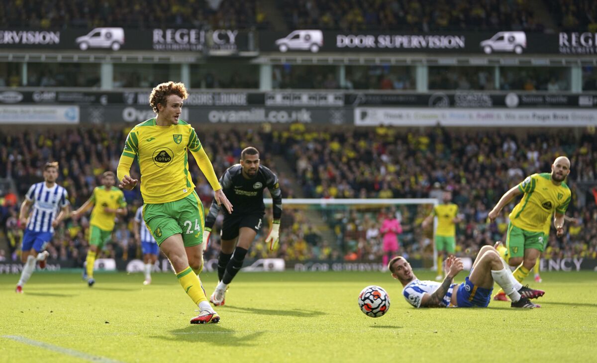 Norwich City's Josh Sargent has a shot at goal, during the English Premier League soccer match between Norwich and Brighton and Hove Albion, at Carrow Road, in Norwich, England, Saturday, Oct. 16, 2021. (Joe Giddens/PA via AP)