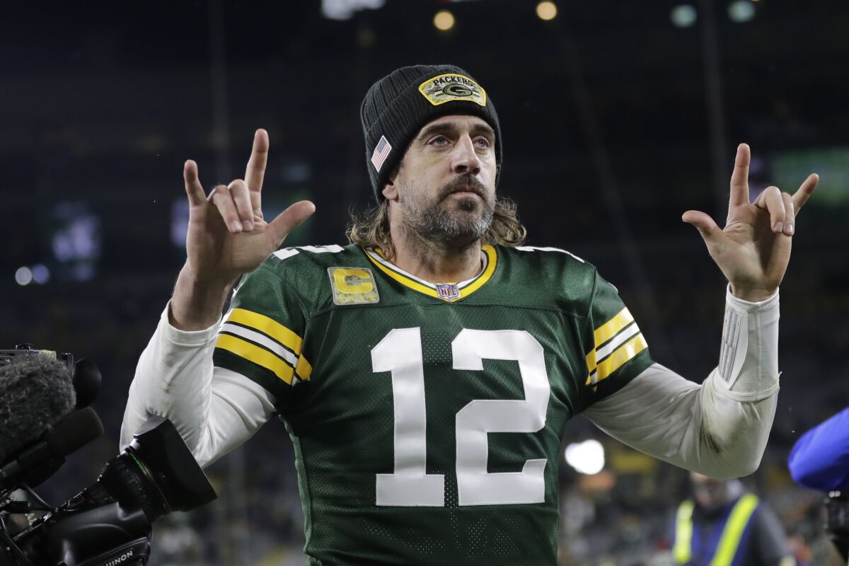 Green Bay Packers quarterback Aaron Rodgers celebrates after a win over the Seattle Seahawks on Sunday.