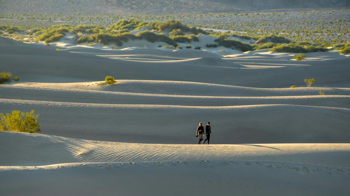 German visitors Klaus Meyer and Leo Fishcer at Mesquite Flat Sand Dunes in Death Valley National Park.