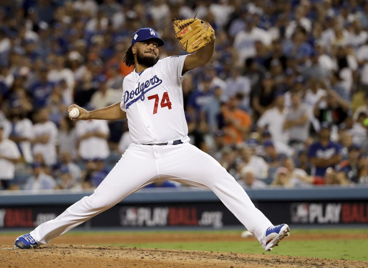 Dodgers closer Kenley Jansen delivers a pitch against the Houston Astros in the top of the eighth inning of Game 2 of the World Series at Dodger Stadium in 2017.