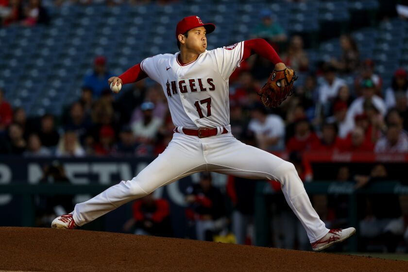 ANAHEIM, CA - APRIL 27: Los Angeles Angels starting pitcher Shohei Ohtani (17) delivers a pitch in the first inning in a game against the Cleveland Guardians at Angel Stadium of Anaheim on Wednesday, April 27, 2022 in Anaheim, CA. (Gary Coronado / Los Angeles Times)