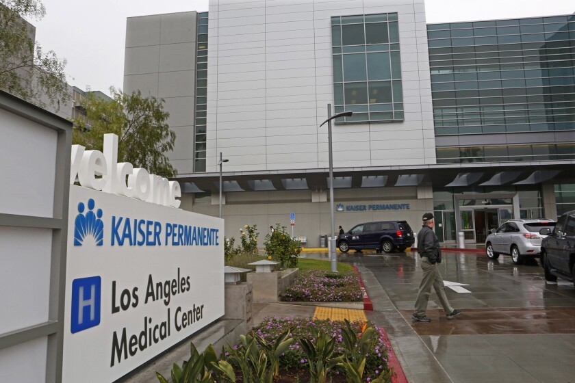 A sign outside a hospital building reads Welcome Kaiser Permanente Los Angeles Medical Center