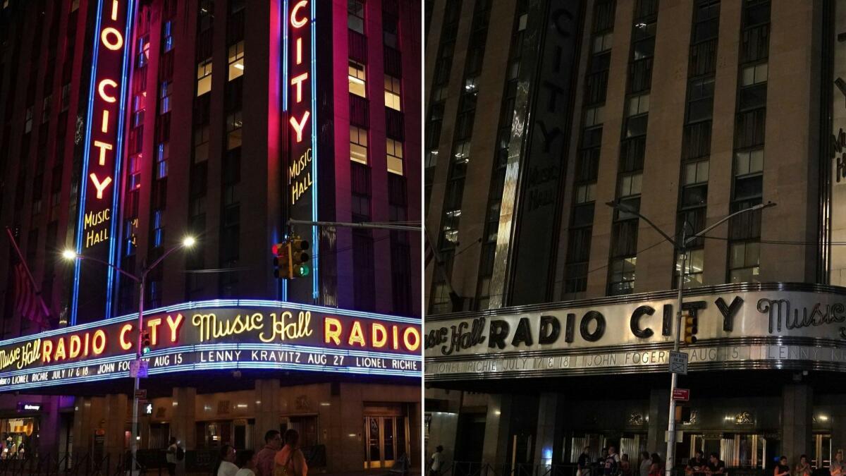 Radio City Music Hall's lights blink back on, left, after New York City is hit by a major power outage Saturday night.