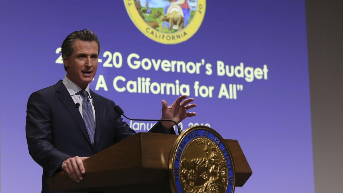 California Gov. Gavin Newsom presents his first state budget during a news conference in Sacrament on January.