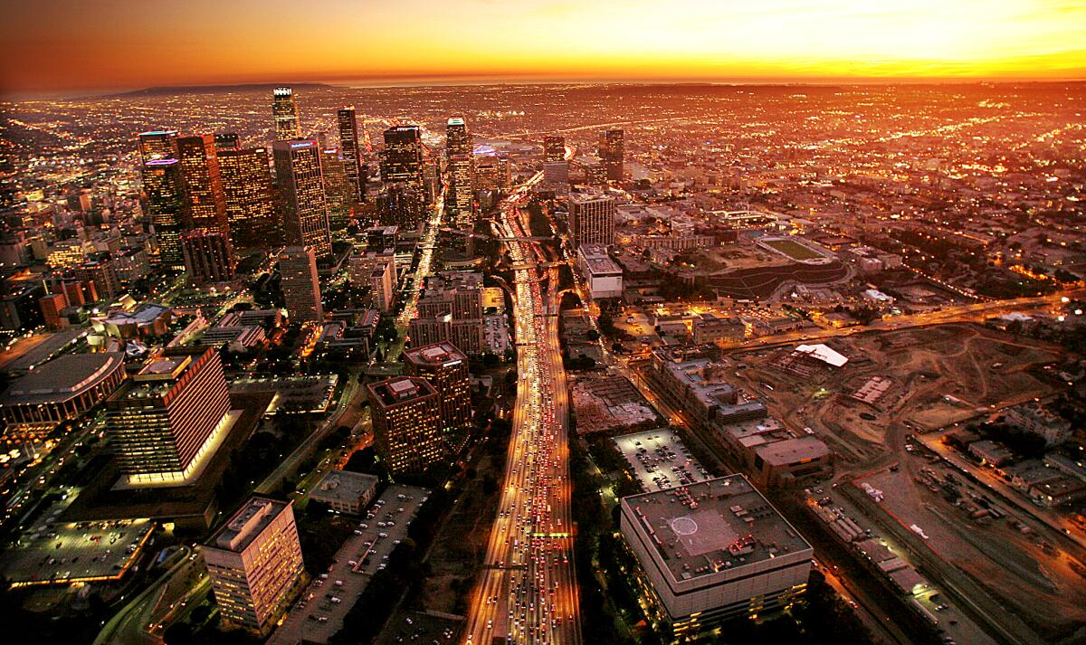 Aerial view of the 110 freeway through downtown Los Angeles