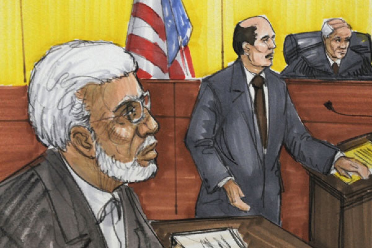 A courtroom sketch shows Chicago businessman Tahawwur Rana, left, in federal court in Chicago. Rana was sentenced for supporting the Pakistani terrorist group that staged deadly attacks on Mumbai in 2008.