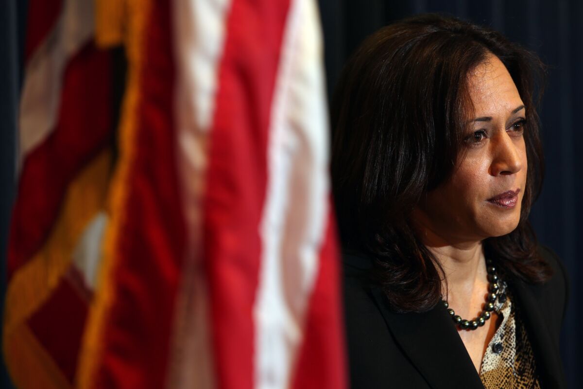 Atty. Gen. Kamala D. Harris at a press conference in February.
