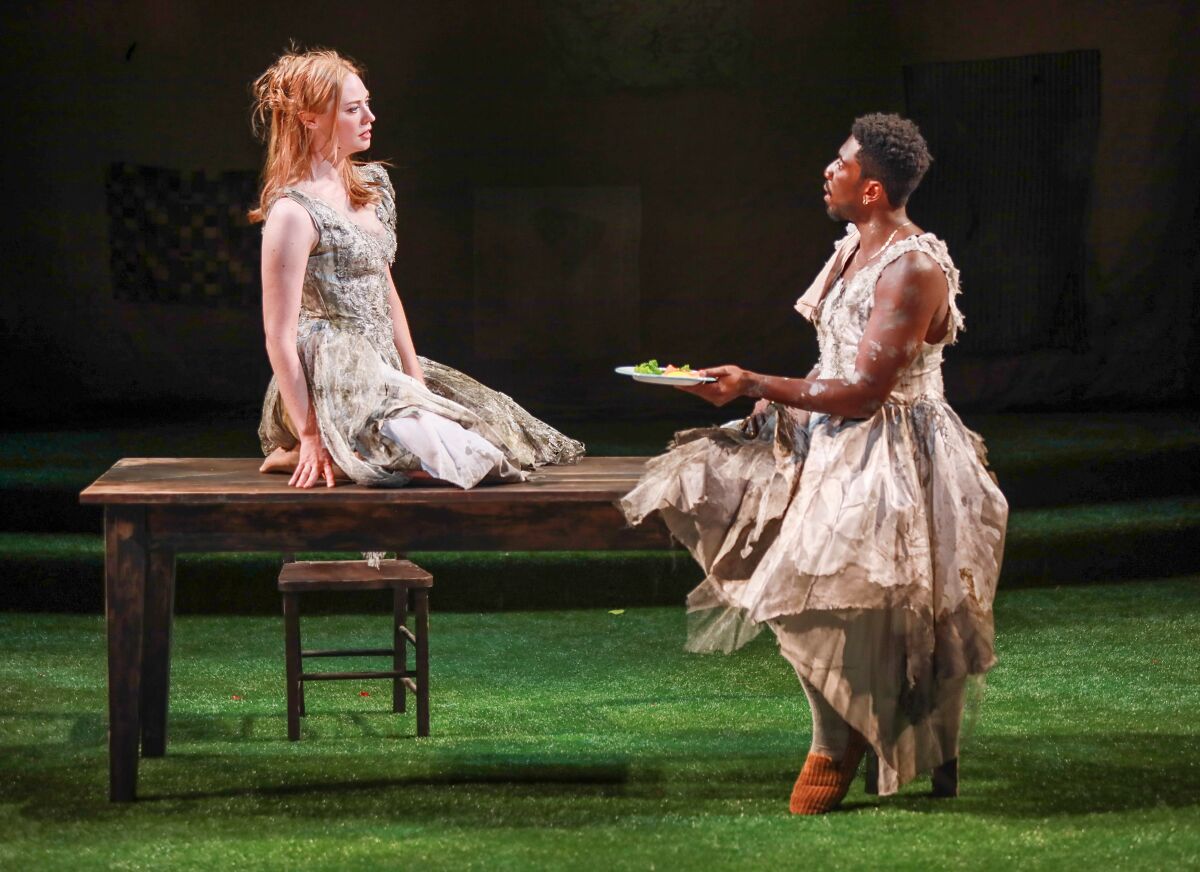 Deborah Ann Woll as Katherine and James Udom as Petruchio in the Old Globe's "The Taming of the Shrew."
