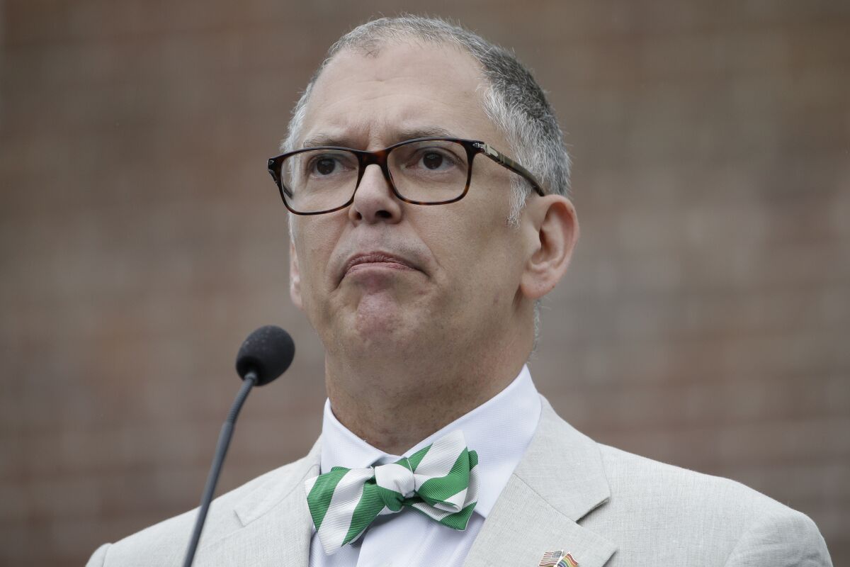 Jim Obergefell speaks during the National LGBT 50th Anniversary Ceremony, July 4, 2015, in front of Independence Hall in Philadelphia. Obergefell, the lead plaintiff in the U.S. Supreme Court case that legalized same-sex marriage nationwide, says he’s running for a seat in the Ohio legislature. He announced his bid Tuesday, Jan. 18, 2022 and says he wants Ohio to be a place where people feel they have equal opportunity. (AP Photo/Matt Rourke, file)