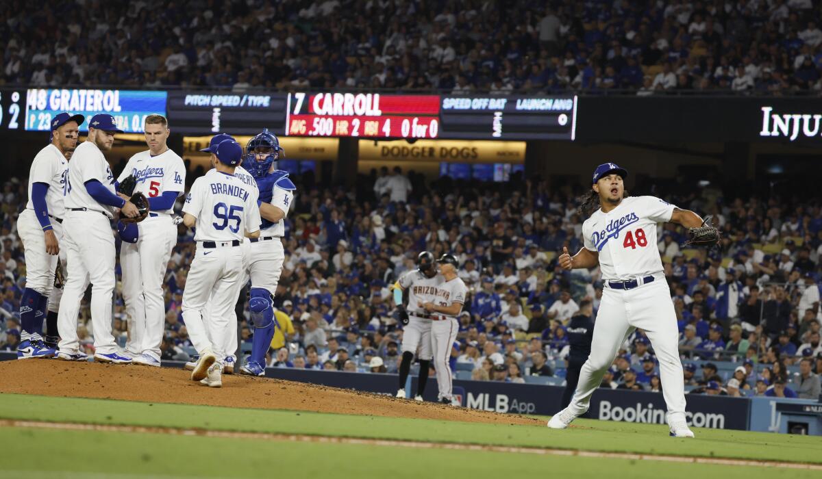 Dodgers reliever Brusdar Graterol does his trademark celebration after being pulled by manager Dave Roberts.